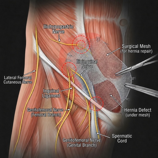 anatomy of groin including nerves outlining pain after inguinal hernia operation